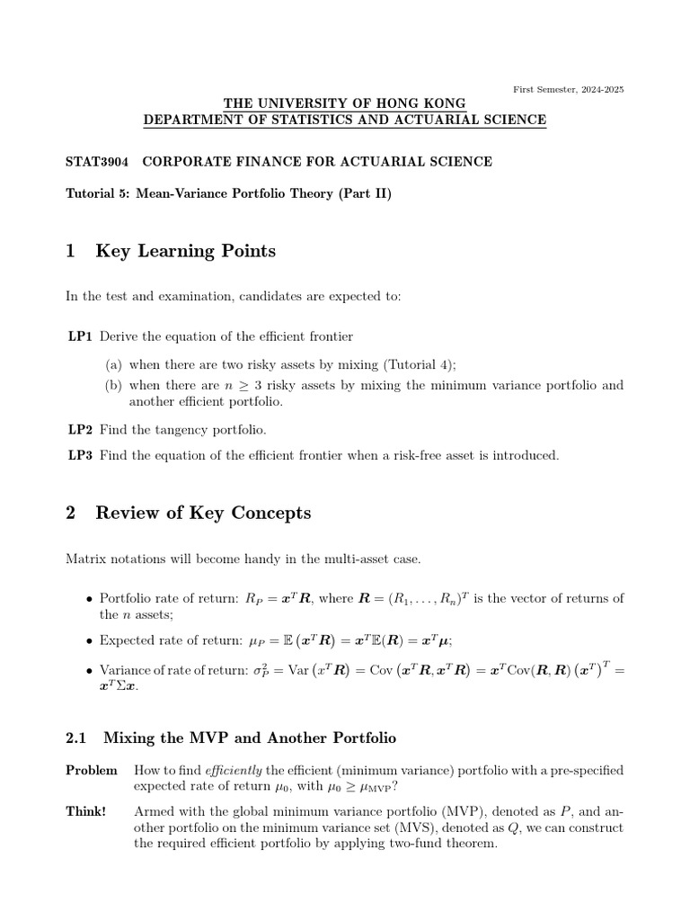 STAT3904 Tutorial 5 | PDF | Modern Portfolio Theory | Mathematical Analysis