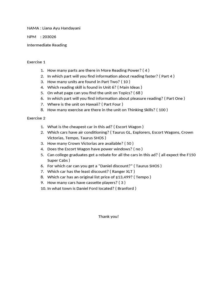 Reading Power and Car Ad Exercises | PDF