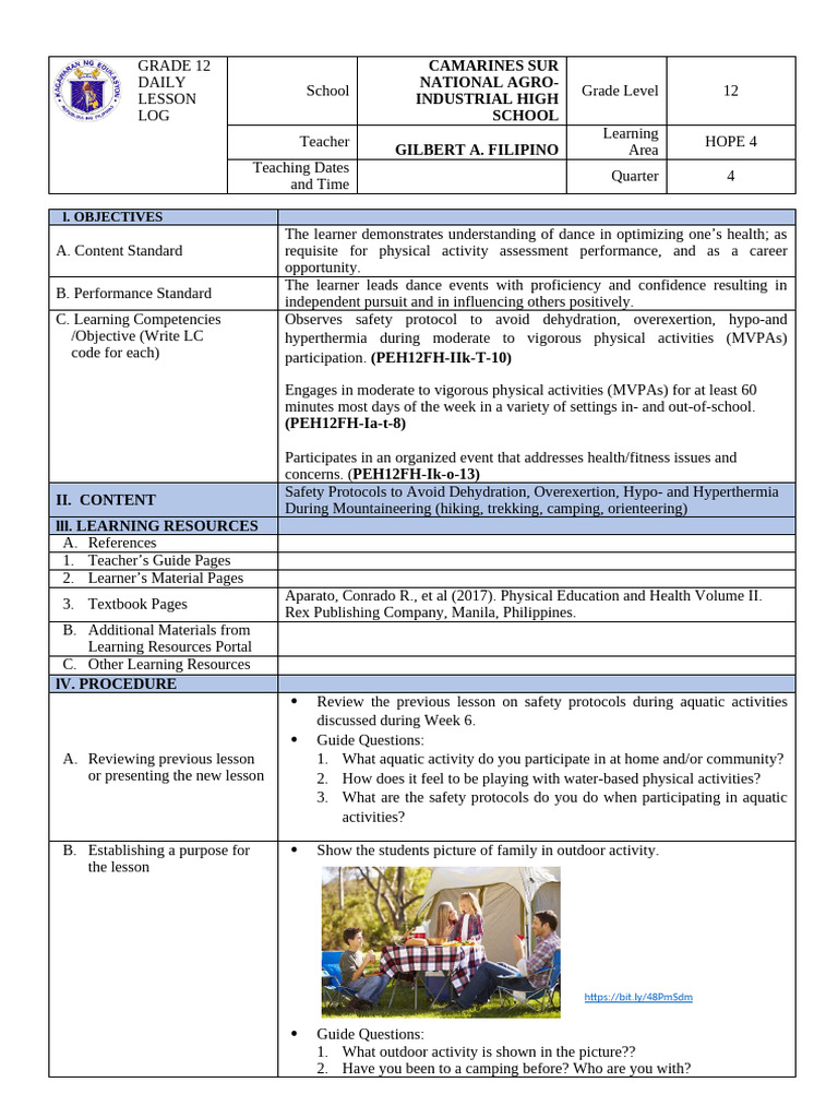 Grade 12 HOPE 4 Lesson Log: Safety Protocols | PDF | Hypothermia | Learning