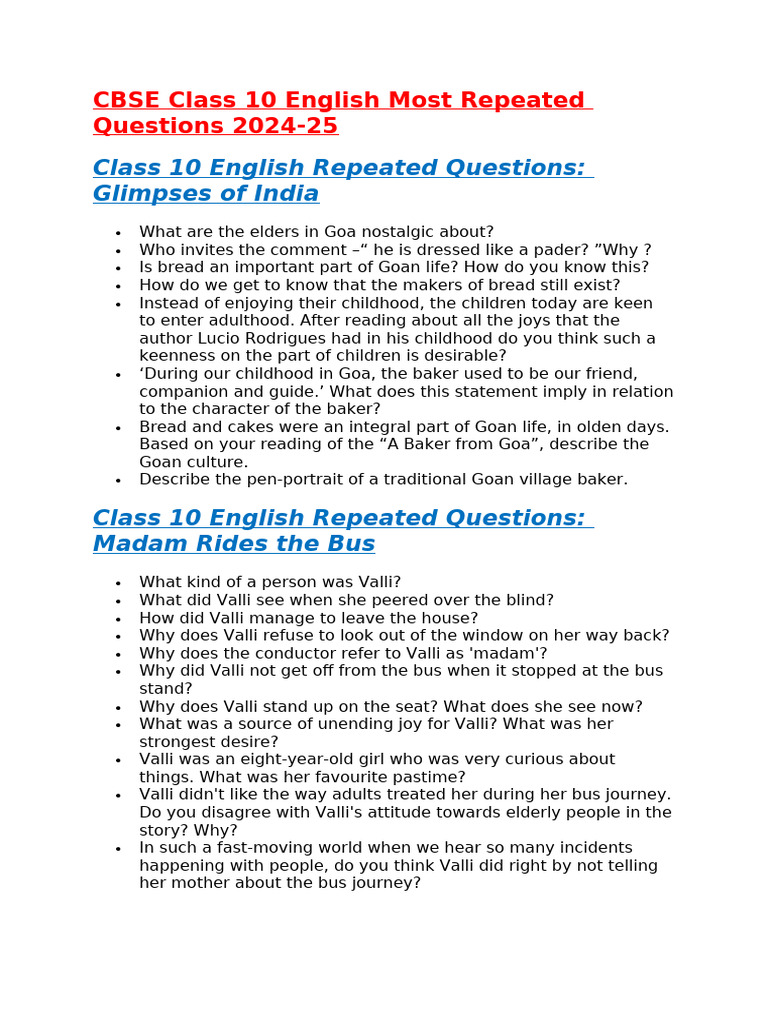 Class 10 English Repeated Questions 2024-25 | PDF | Enlightenment In ...