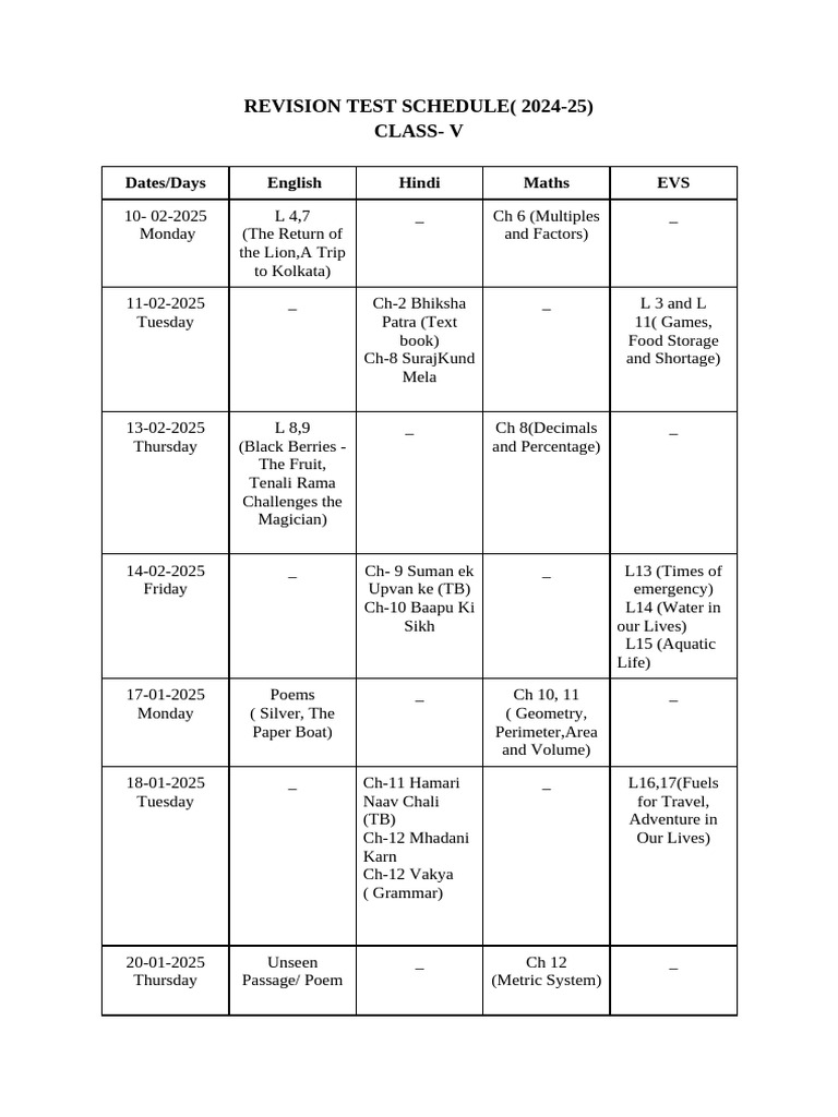 Class V Revision Test Schedule 2024-25 | PDF
