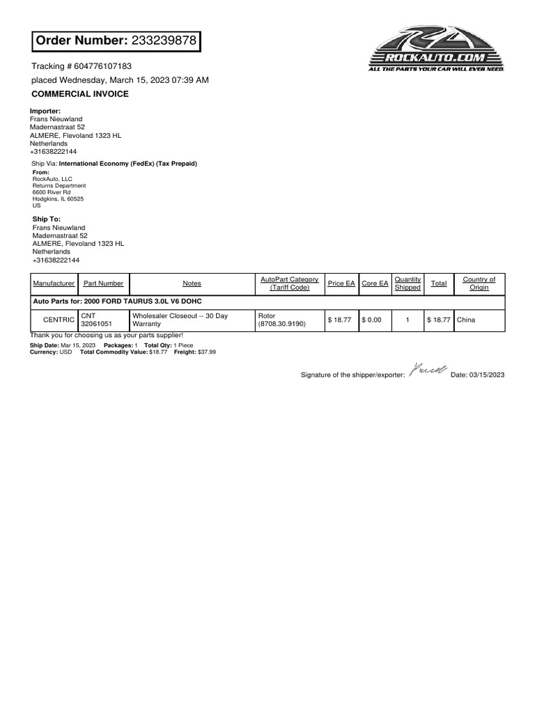 Taurus Rotor Rockauto Invoice | PDF
