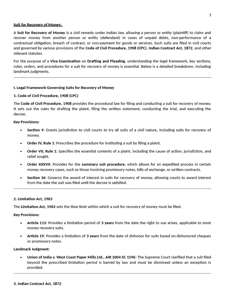 Money Recovery Suit: Legal Framework Guide | PDF | Lawsuit | Legal Remedy