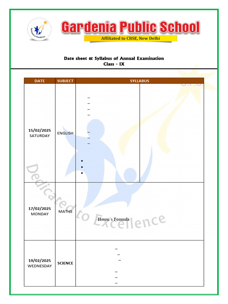 Class IX Annual Exam Date Sheet 2024-25 | PDF