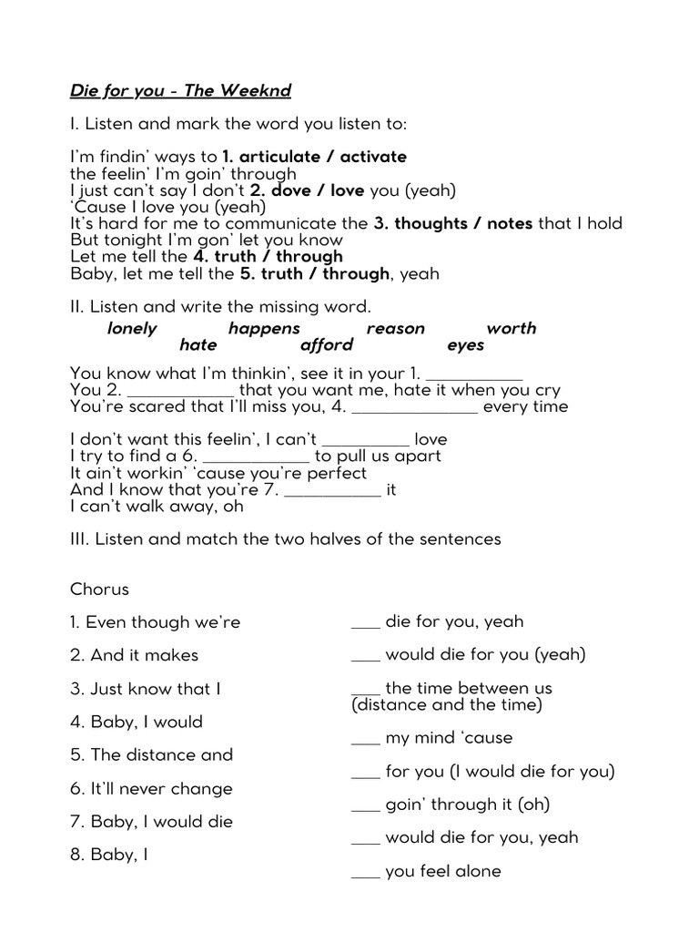 Die For You The Weeknd Lyrics Exercise Pdf