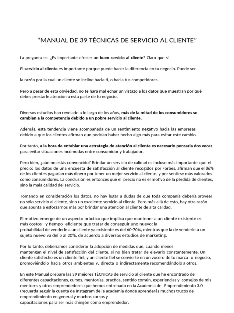 39 Técnicas Esenciales de Servicio al Cliente | PDF | Cliente ...