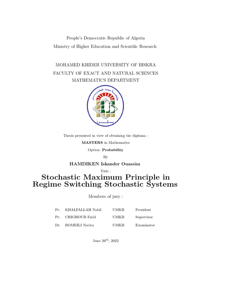 Stochastic Maximum Principle in Systems | PDF | Stochastic Differential ...