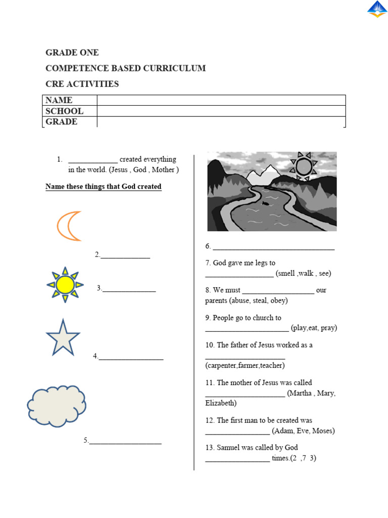 Grade One CRE Activities Worksheet | PDF | Religious Belief And Doctrine