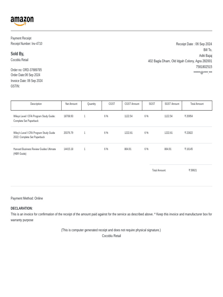 Payment Receipt for CFA Study Guides | PDF