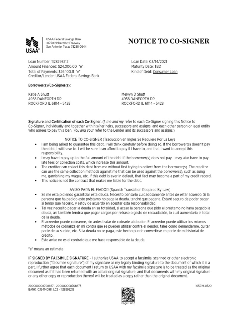 Notice to Co-Signer for USAA Loan | PDF | Loans | Debt