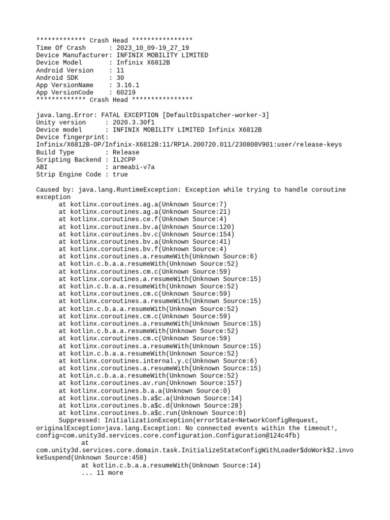 Infinix X6812B Crash Report Analysis | PDF | Mobile App | System Software