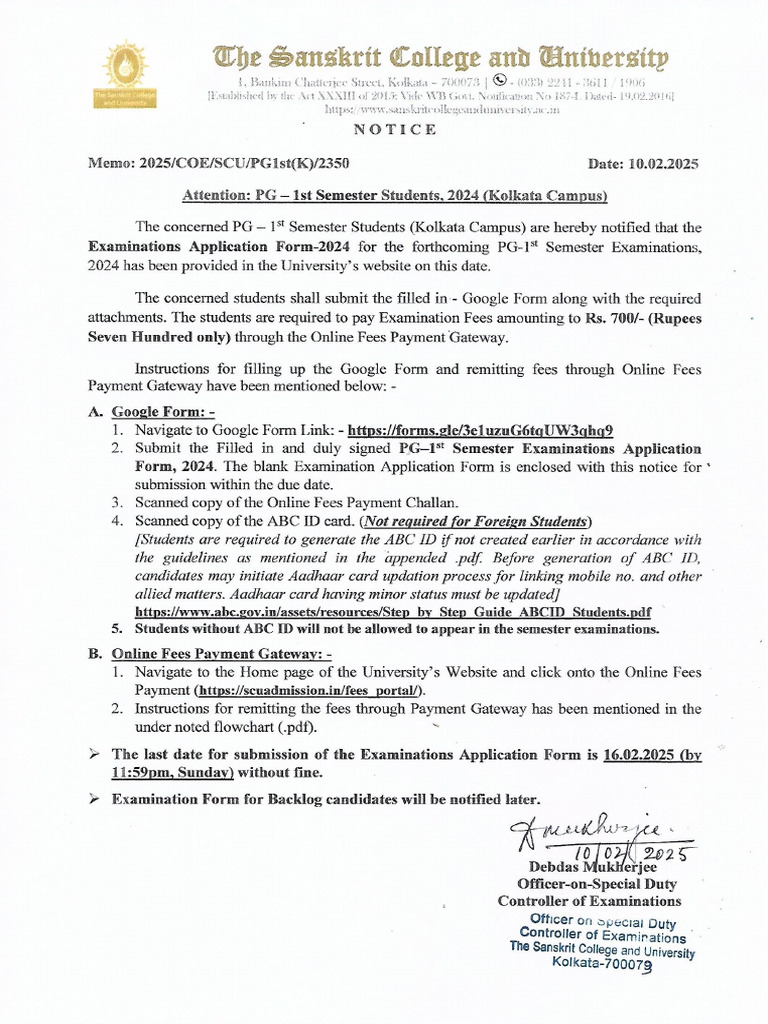 Examination Notice of PG 1st Semester Examinations, 2024 (Kolkata ...