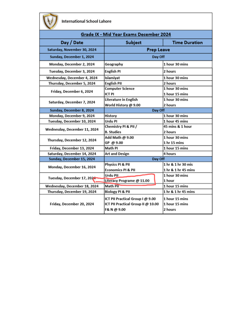 Grade IX Mid Year Exam Schedule 2024 | PDF