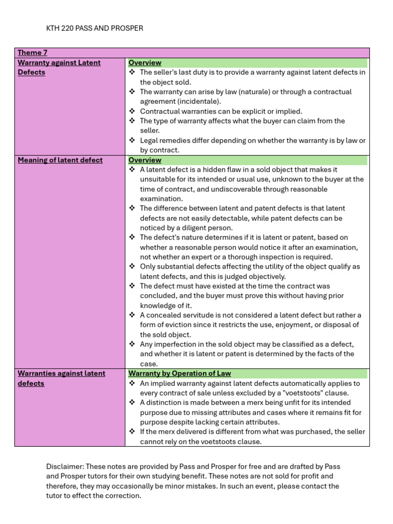 Warranty Against Latent Defects Explained | PDF | Misrepresentation ...