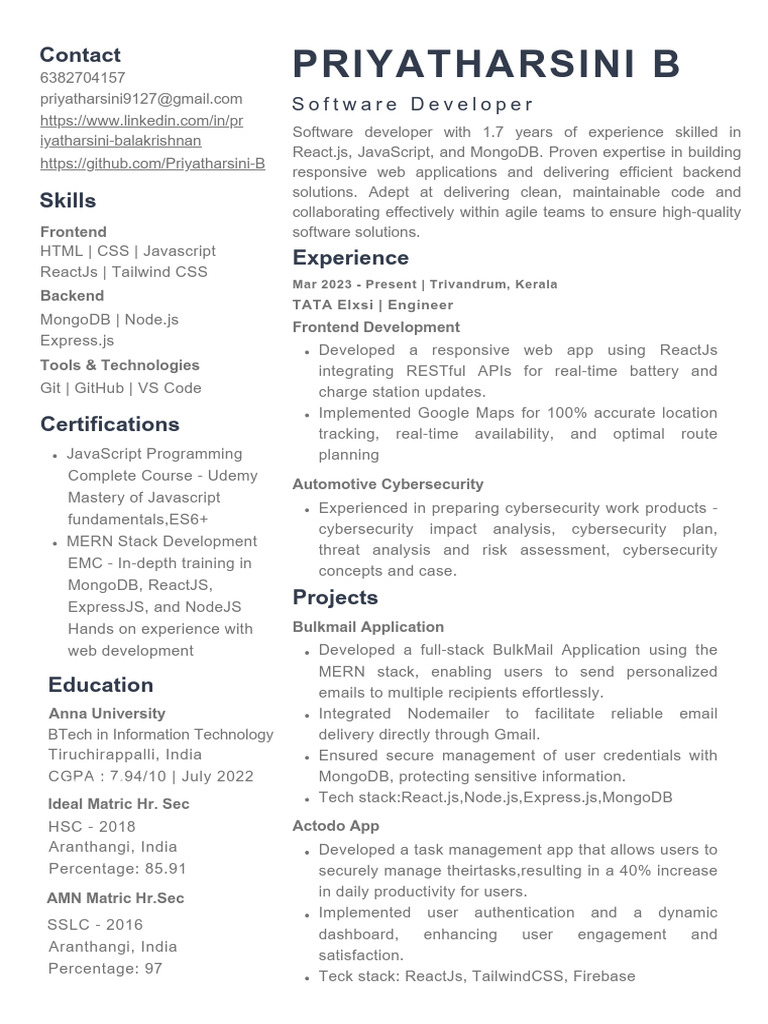 Priyatharsini Resume Frontend Developer | PDF | Web Development | Computing