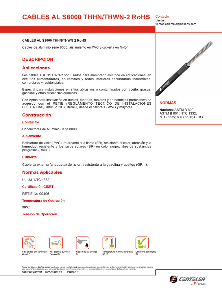 Cables S8000 THHN/THWN-2 RoHS 90°C | PDF | Conductor electrico ...