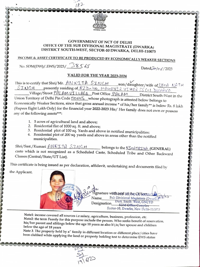 EWS Certificate for Economically Weaker Sections | PDF