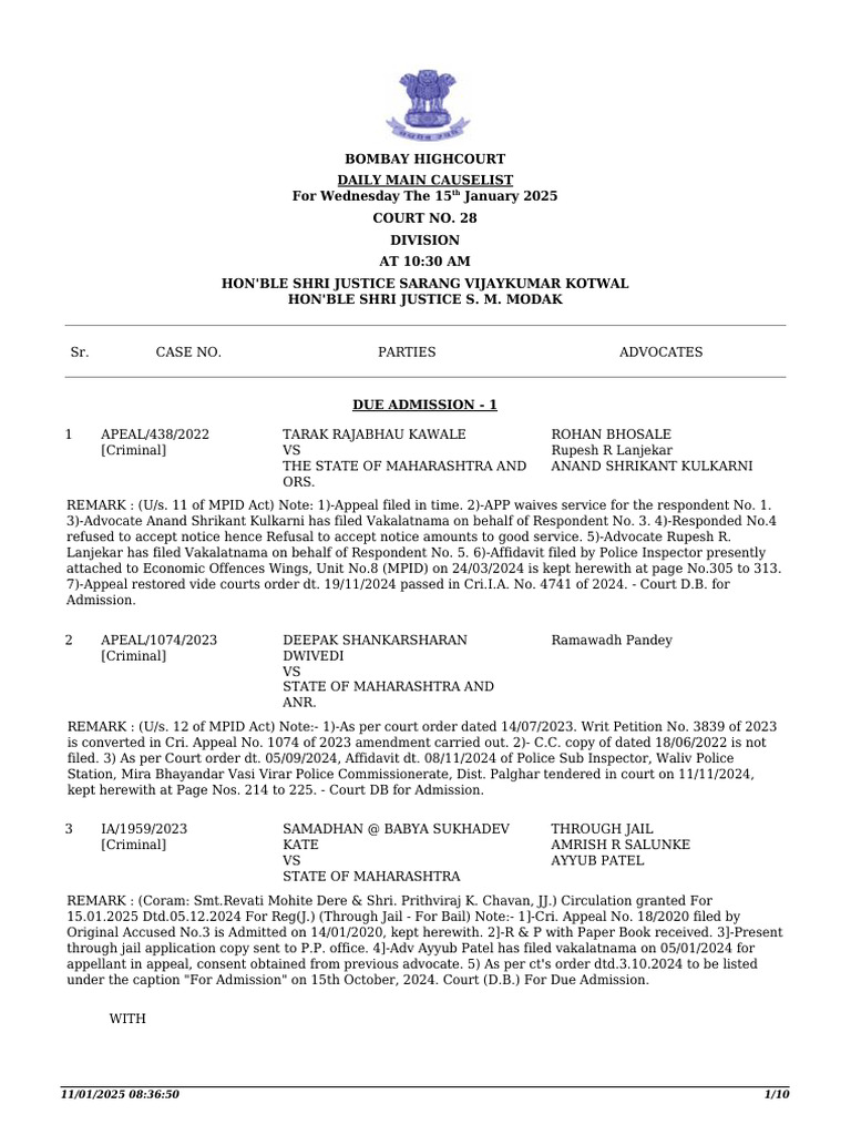 Bombay High Court Cause List - Jan 15, 2025 | PDF | Appeal | Bail