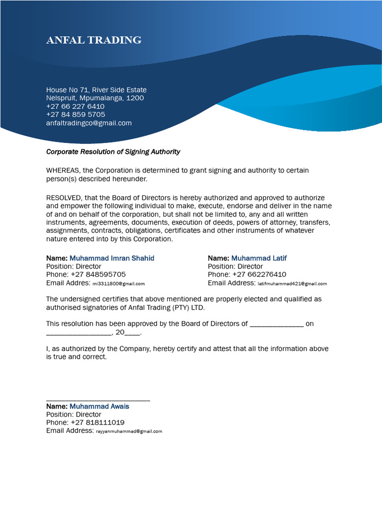 Anfal Trading Signing Authority Resolution | PDF