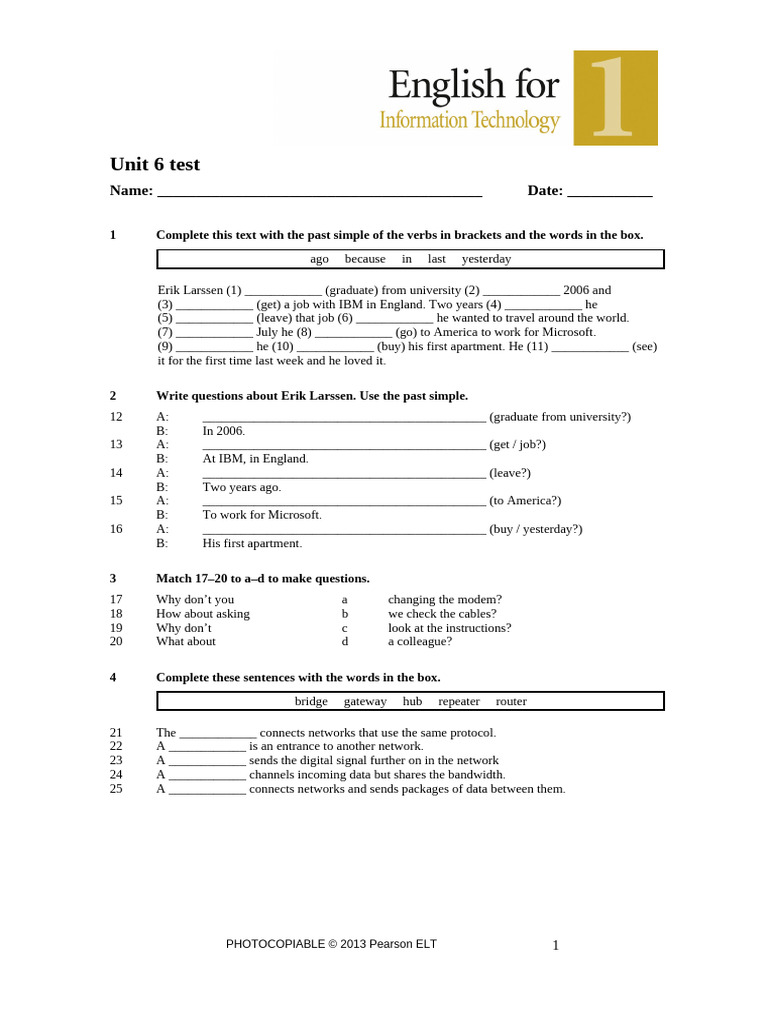 Unit 6 Past Simple Test | PDF | Computer Network | Computer Architecture