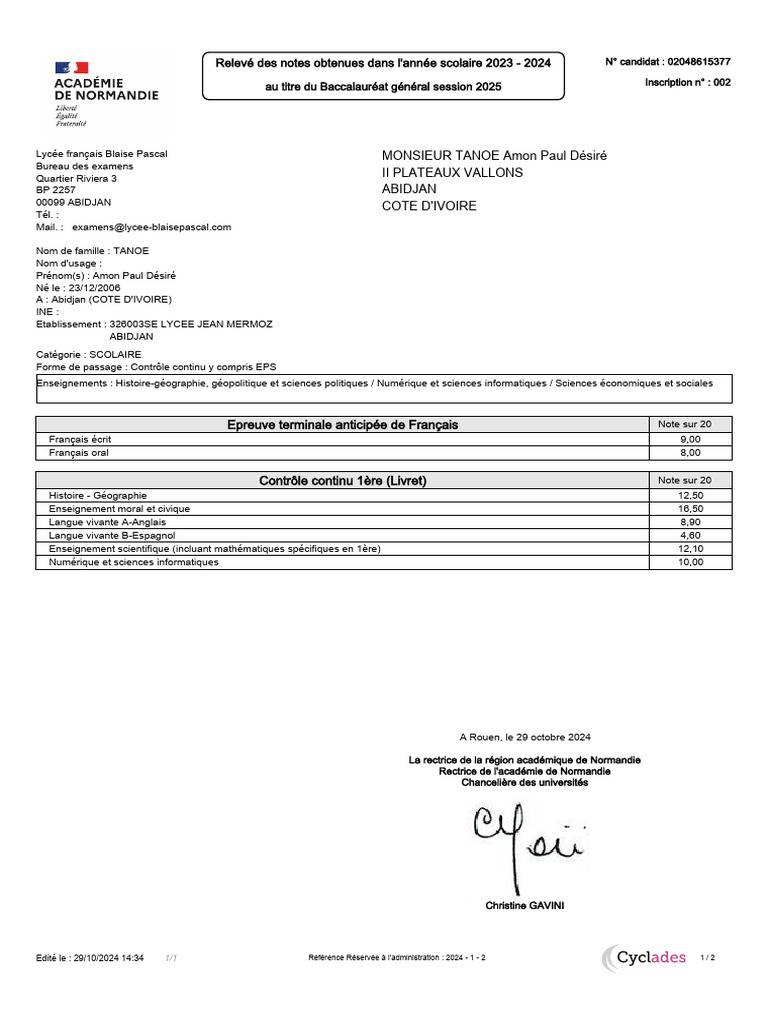 Relevé de notes Baccalauréat 2025 | PDF | Science