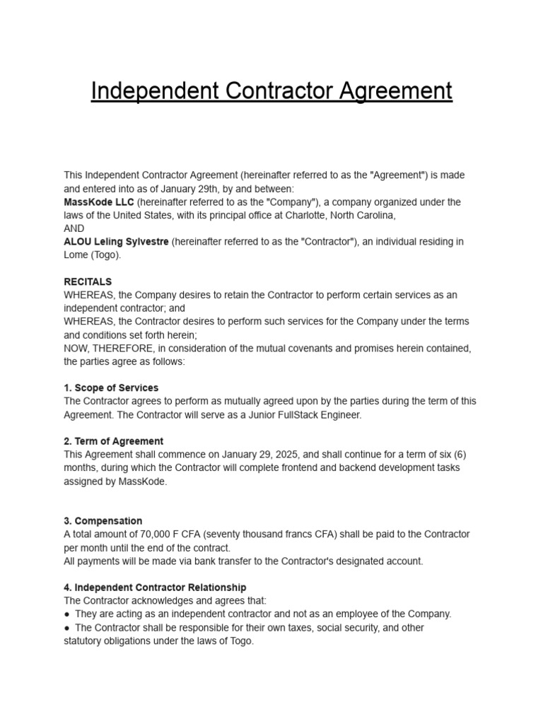 Independent Contractor Agreement for Engineer | PDF | Employment ...
