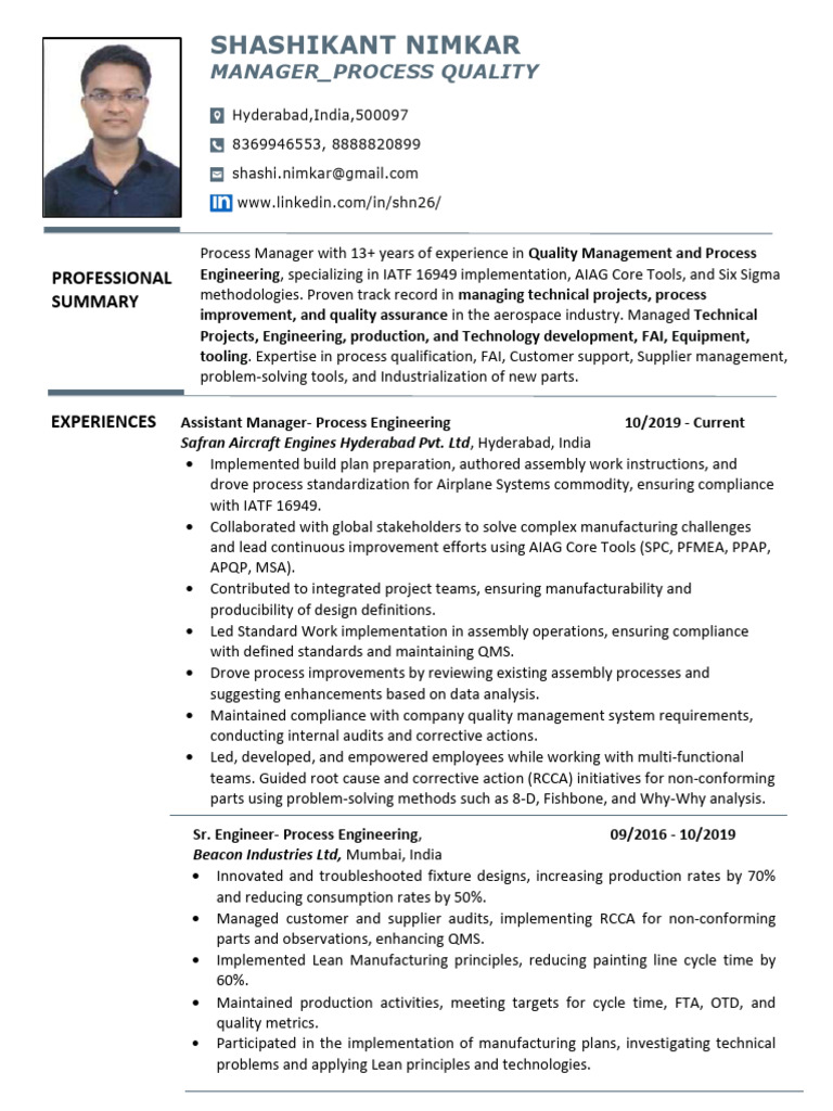 13+yr Experience - Process Quality Manager - EATON | PDF | Quality ...