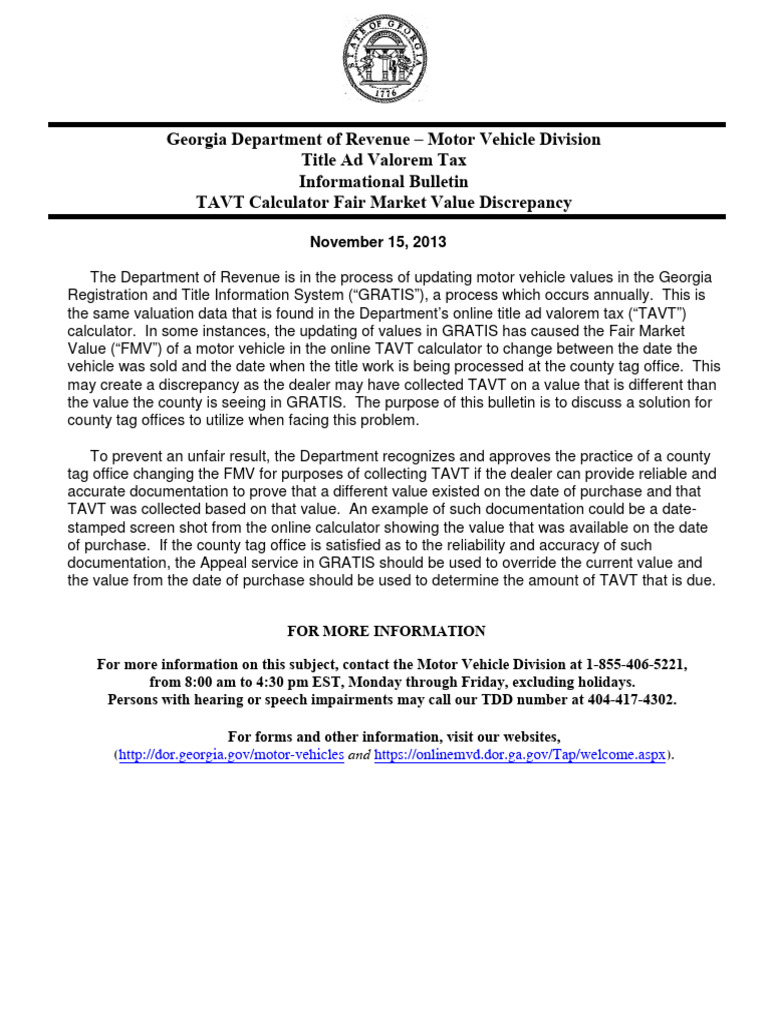 InfoBulletin TAVT Calculator FMV Discrepancy | PDF