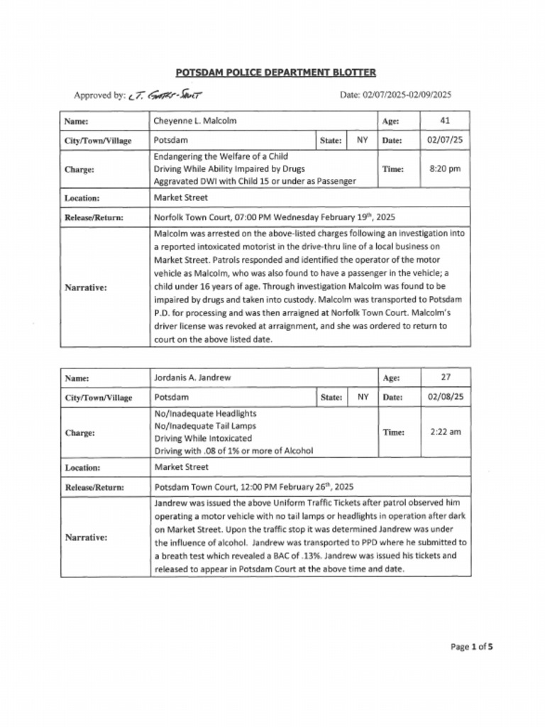 Potsdam Village Police Dept. Blotter Feb. 9, 2025 PDF