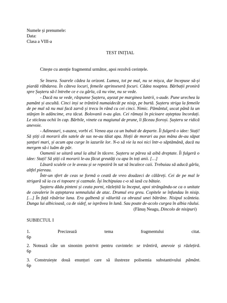 Test Inițial VIII - 2022-2023 | PDF