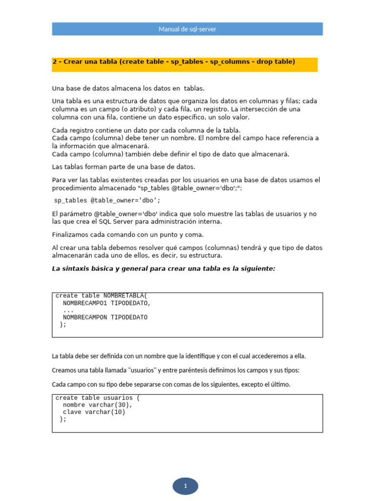 Crear y gestionar tablas en SQL Server | PDF | SQL | Servidor SQL de ...