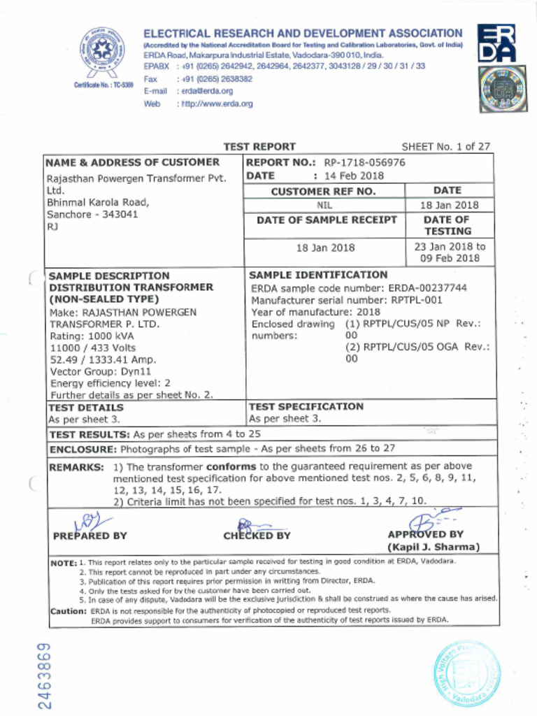 1000 Kva Copper Wound Distribution Transformer Test Report | PDF