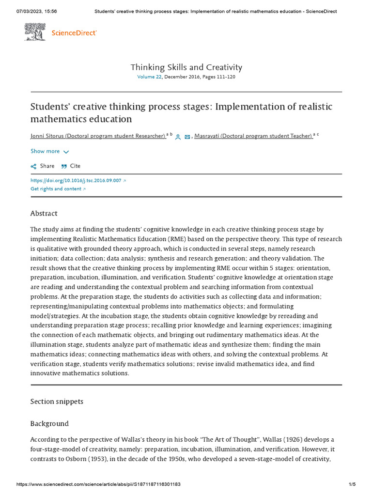 Creative Thinking in Mathematics Education | PDF | Creativity | Thought