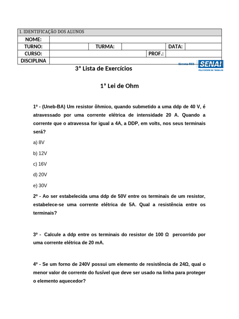 Exercícios da 1ª Lei de Ohm | PDF | Resistência elétrica e ...