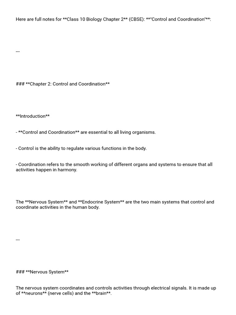 Class 10 Biology: Control and Coordination | PDF | Neuron | Nervous System