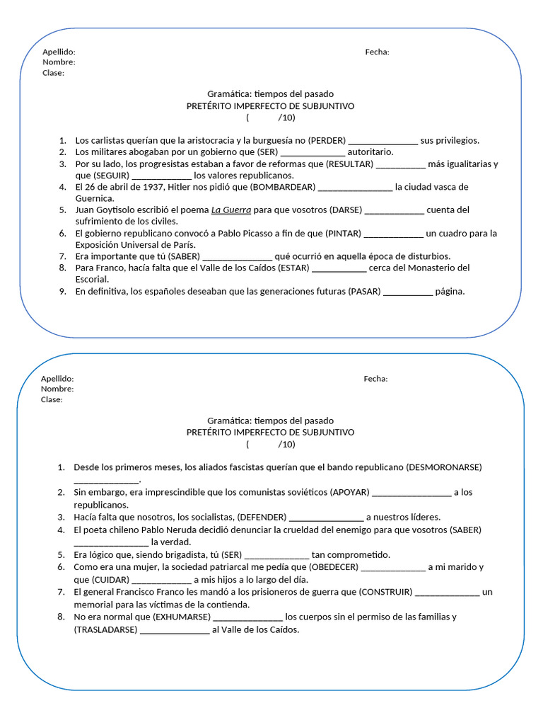Pretérito Imperfecto de Subjuntivo CONTROLE 2 | PDF | Francisco franco