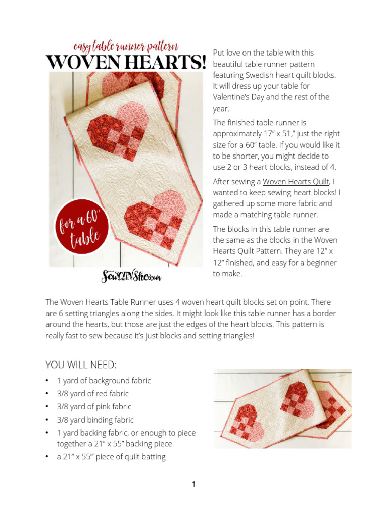 Swedish Heart Table Runner Pattern | PDF | Sewing | Seam (Sewing)