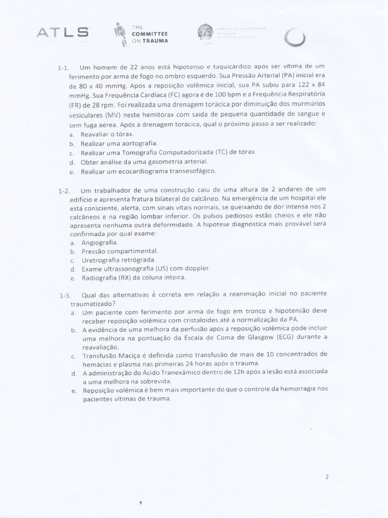 Pré Teste ATLS 10 2025. | PDF