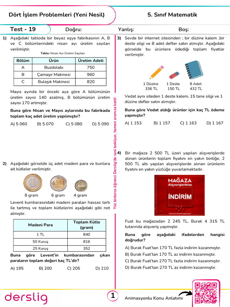Test 19 Dort Islem Problemleri Yeni Nesil | PDF