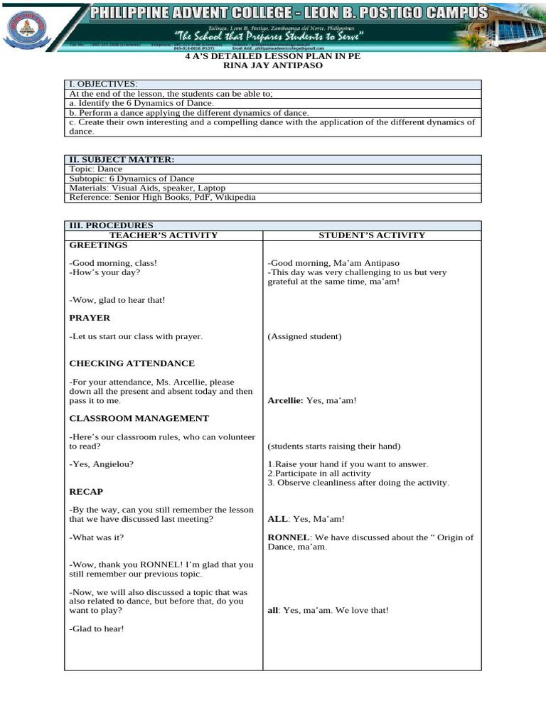 6 Dynamics of Dance Lesson Plan | PDF | Learning