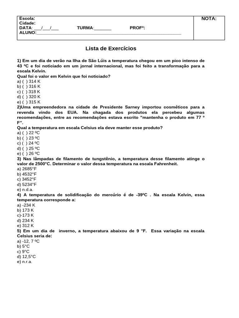 Exercícios de Conversão de Temperatura | PDF
