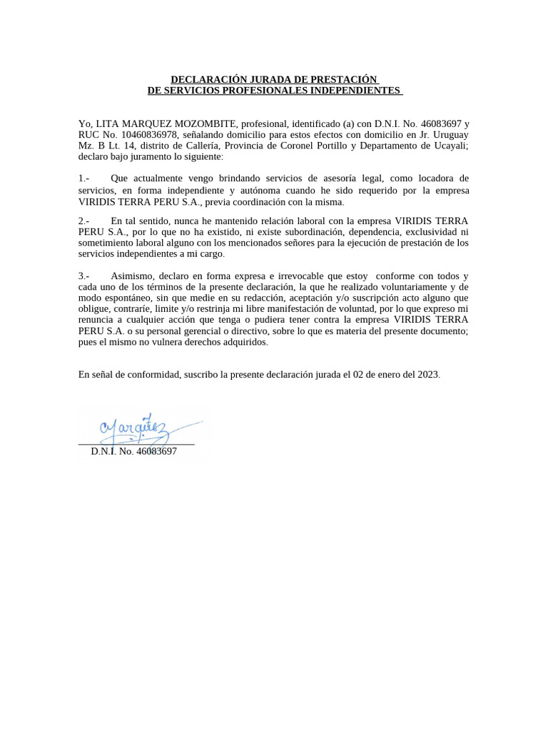 Declaración Jurada de Servicios | PDF