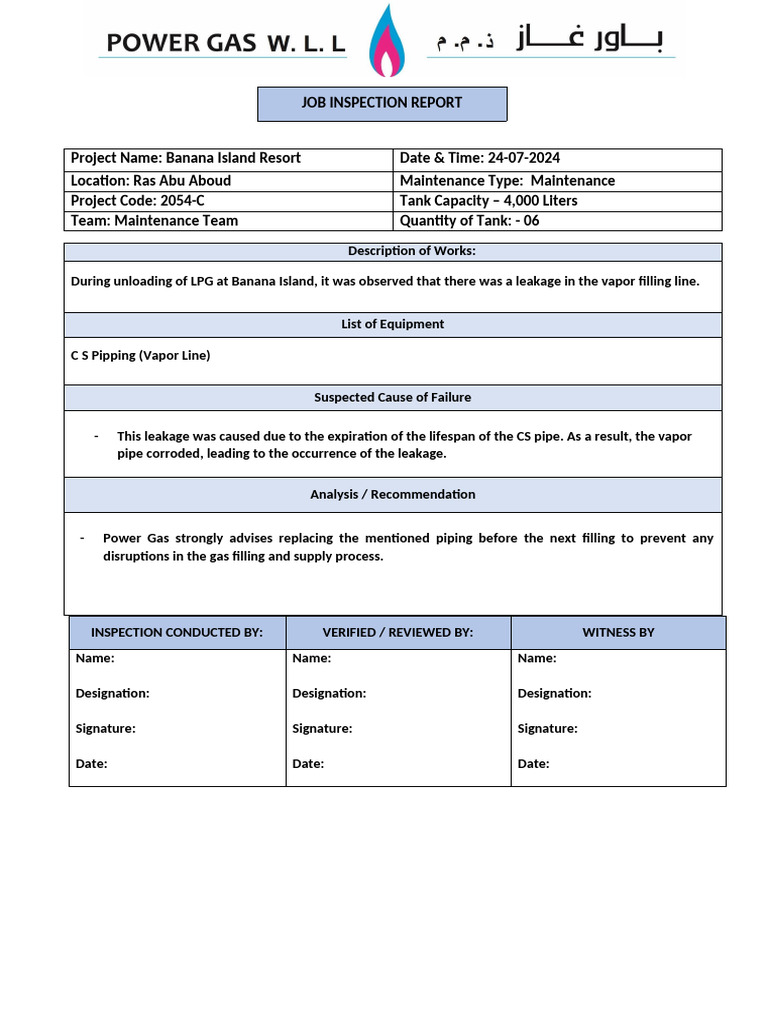 Job Inspection Report - Banana Island Resort - Vapor Line CS Pipe | PDF