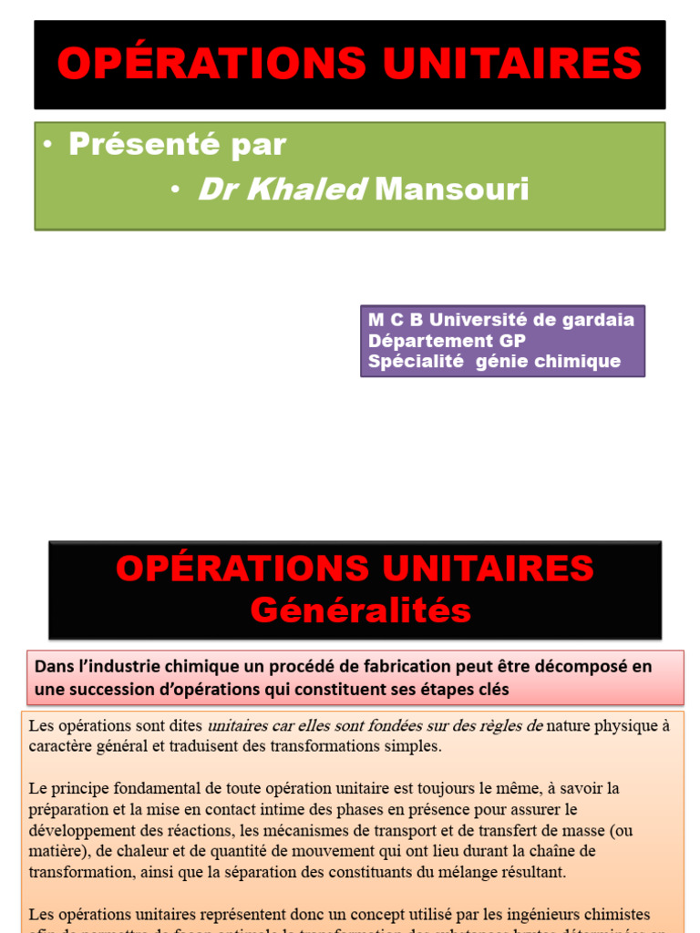 Opérations unitaires en génie chimique | PDF | Concentration molaire ...