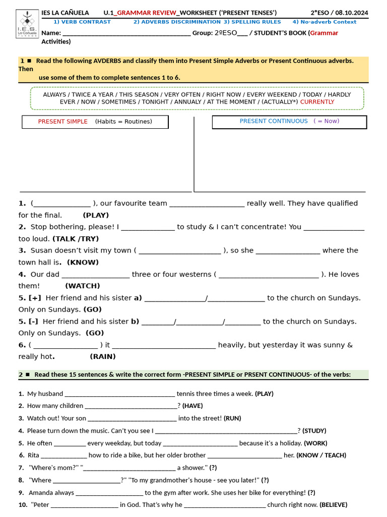 Present Tenses Grammar Review Worksheet | PDF | Adverb | Languages