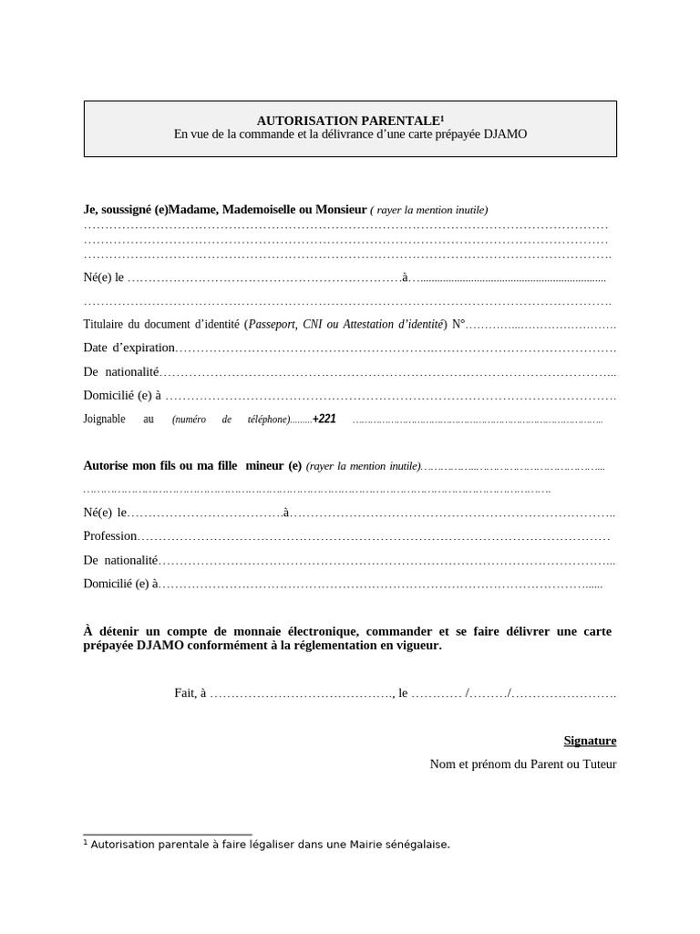 Modèle d'autorisation parentale Sénégal | PDF