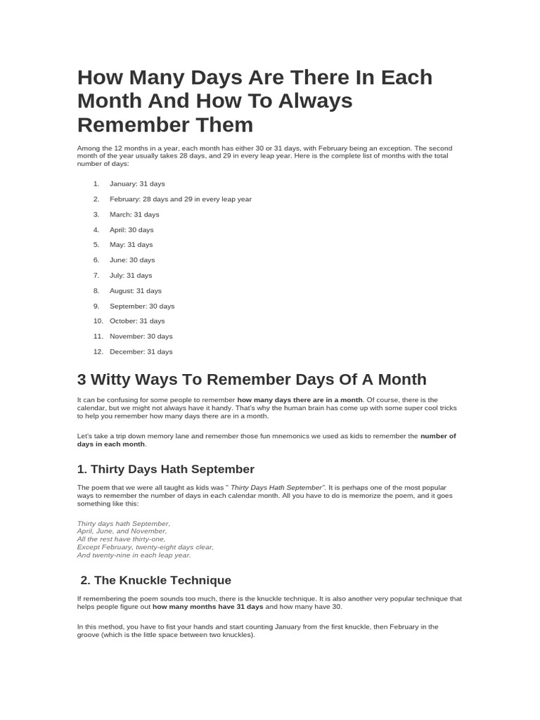 Days in Each Month Explained | PDF