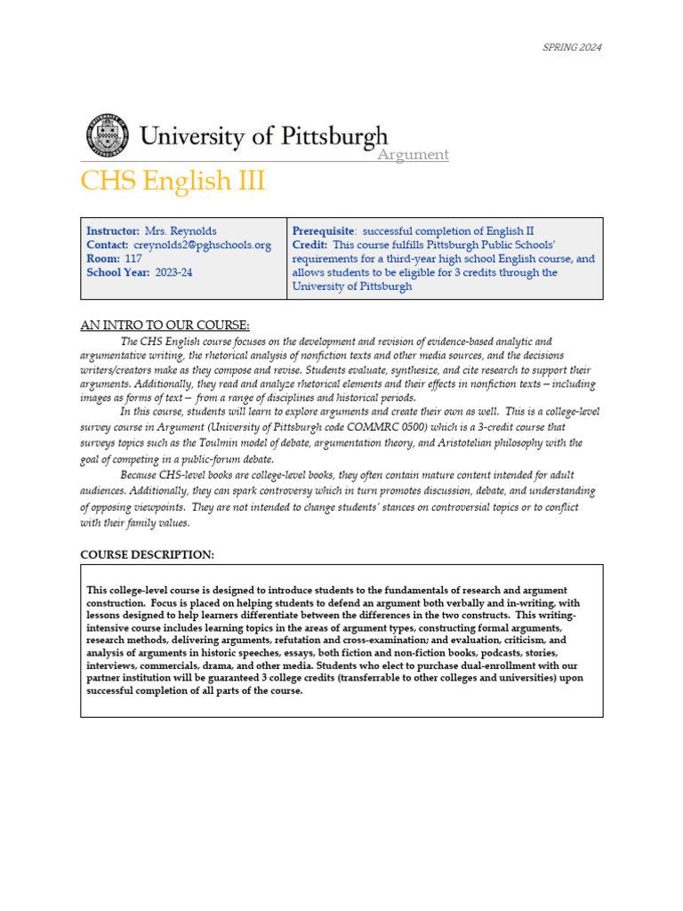 CHS+English+III+Syllabus+Spring+2024 | PDF | Rhetoric | Plagiarism