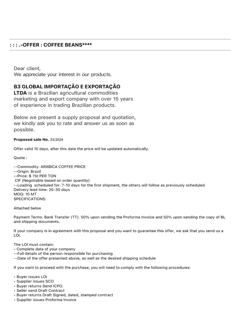 Coffee Supply Proposal from Brazil | PDF