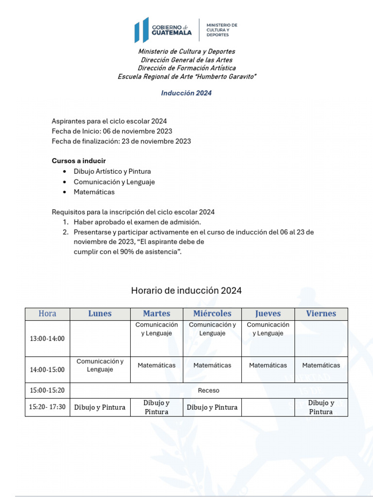 Inducción 2024 Horario Pdf